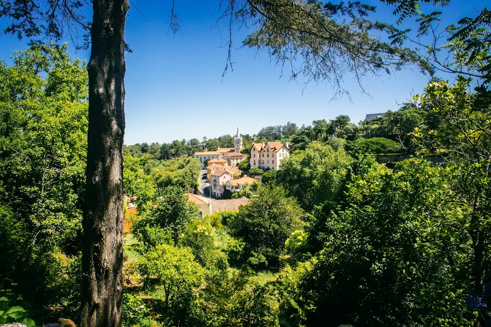 A small Portuguese village of pale houses and terracotta roofs half hidden among green wooded hills
